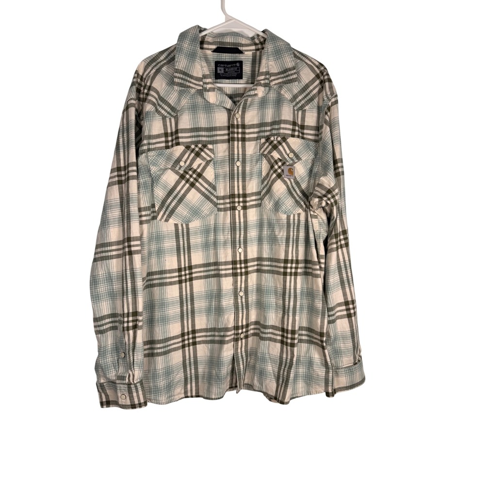 Carhartt Rugged Flex Relaxed Fit Plaid Flannel Shirt Mens XL Green Cream Snap
